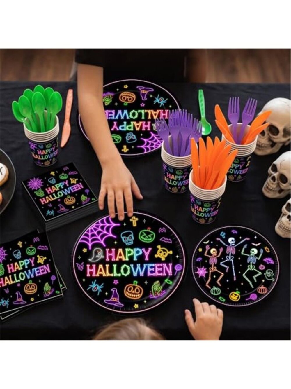 168pcs Halloween Plates Napkins Party Supplies Neon Black Party Decorations | - Picture 3 of 7